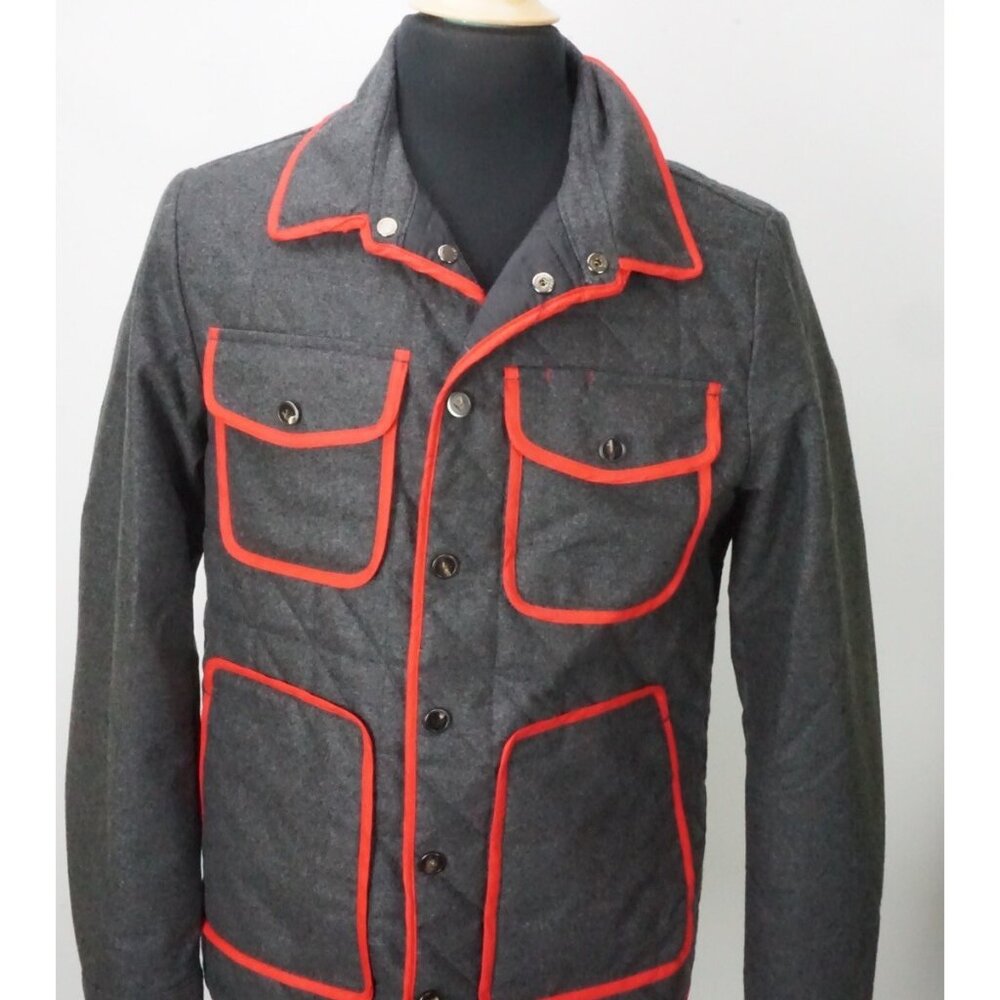 Isaia Quilted Gray Red Outline Flannel Jacket Coat Sz 38US 48EU BRAND NEW